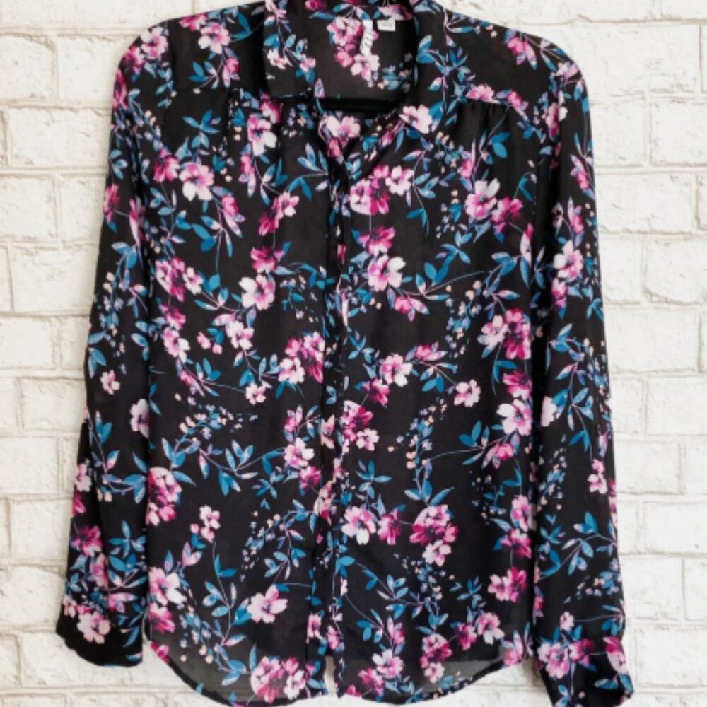 Pink and Blue Floral Button up Blouse